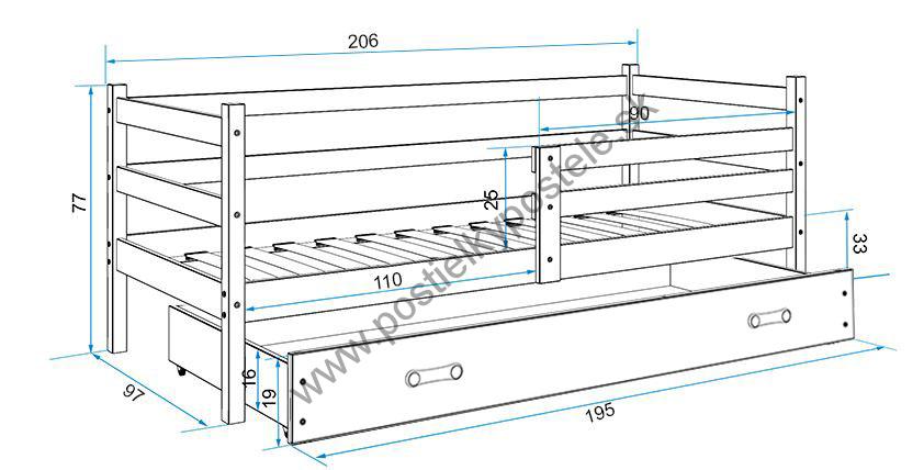 Posteľ ERIK 1 - 200x90cm Borovica - Zelený