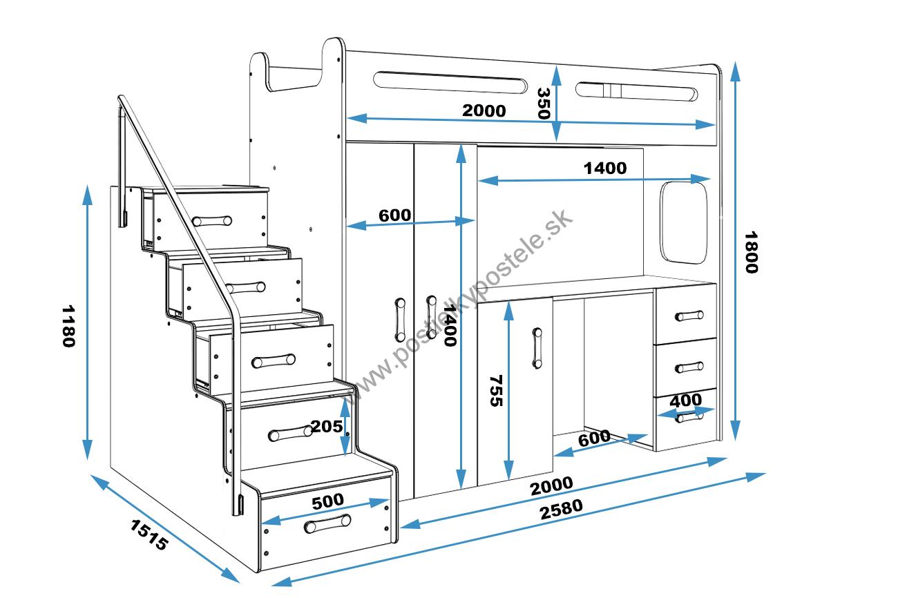 Vyvýšená poschodová posteľ MAX 4 - 200x80cm - Biela - Biela