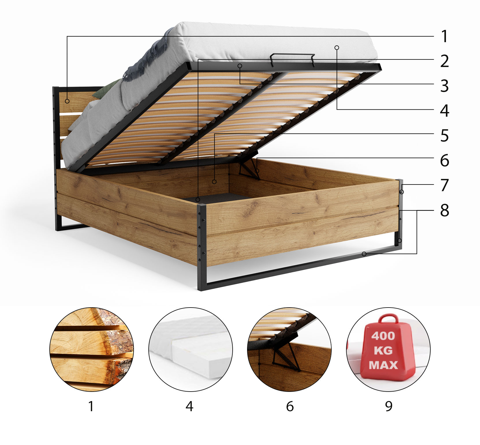 Dubová posteľ (výklopná) LOFT 160x200cm