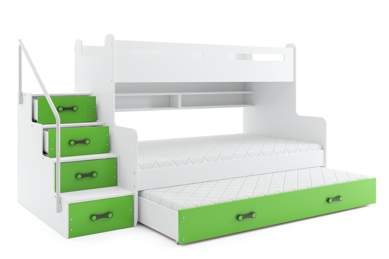 Poschodová posteľ s prístelkou MAX 3 rozšírená 200x120 biela - zelená