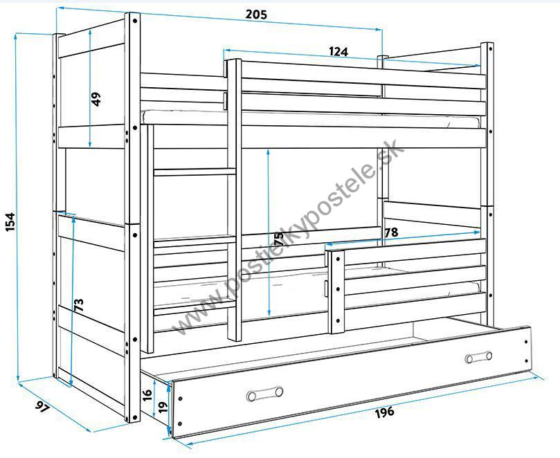 Poschodová posteľ RICO 2 - 200x90cm - Biely - Grafitový