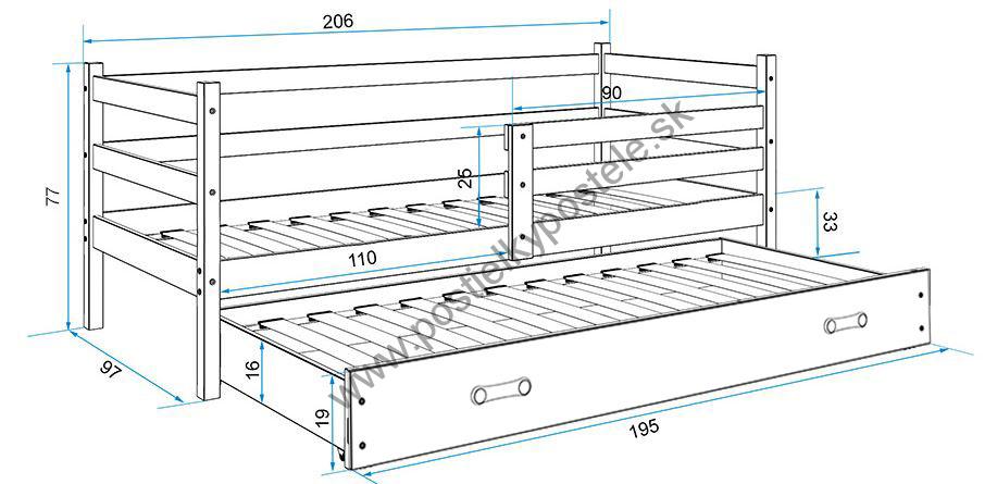 Posteľ s prístelkou ERIK 2 - 200x90cm Borovica - Biely