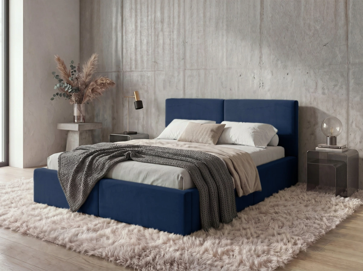 Čalúnená posteľ HILTON 160x200 modrá – v zariadenej spálni