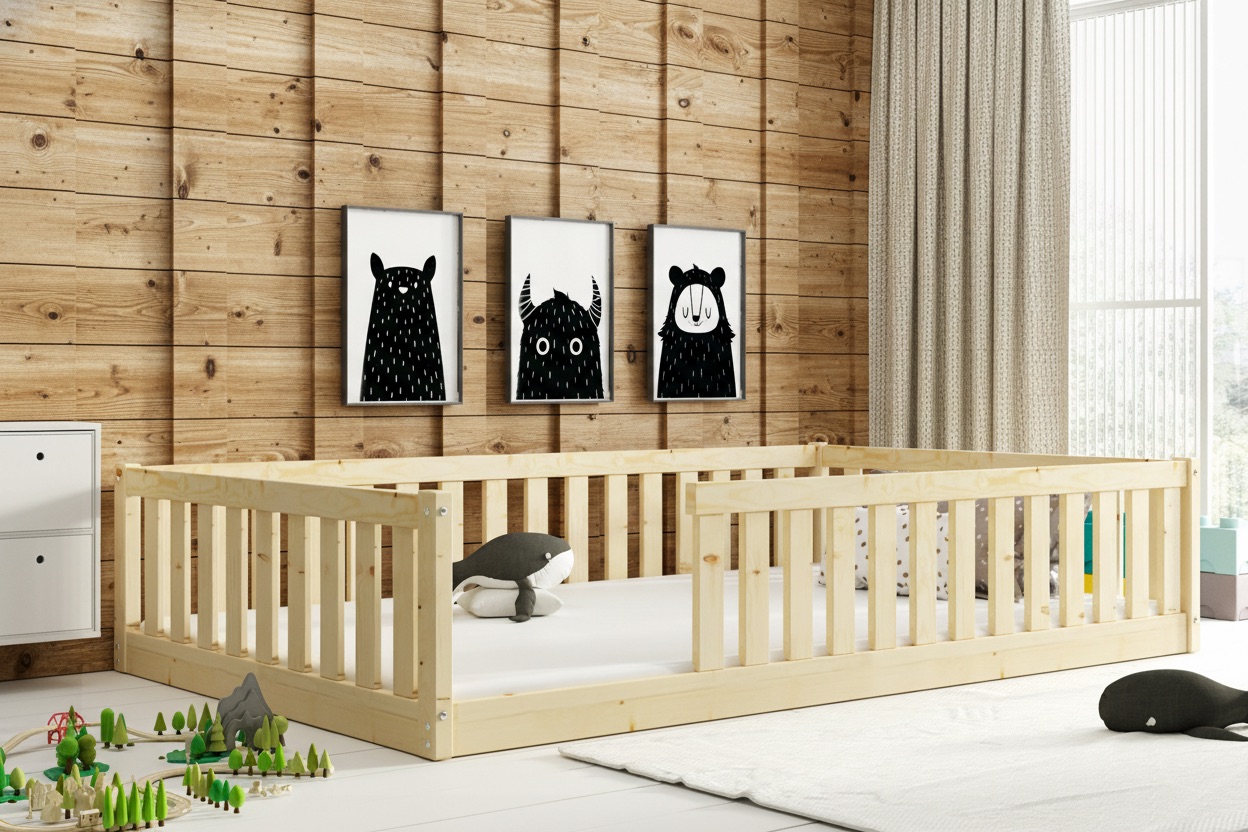 Široká posteľ BELLA SIMA 120×200 cm Montessori – prírodná borovica