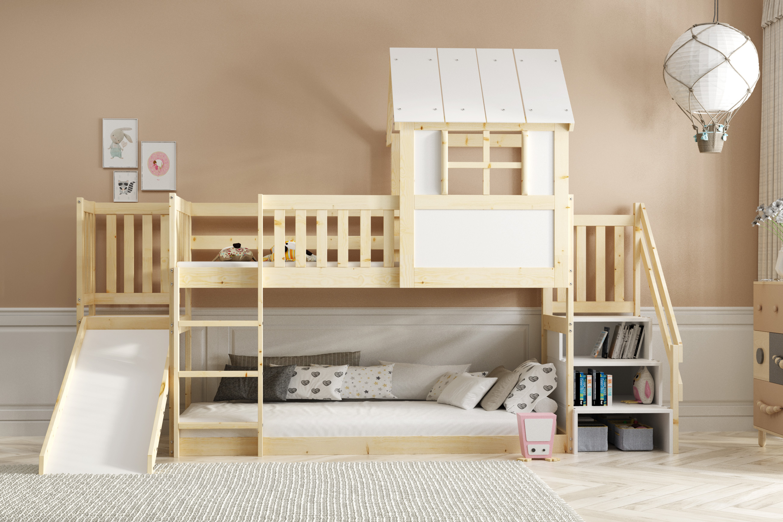 Posteľ ANTRESOLA 200×90 cm so šmykľavkou, schodíkmi a strieškou – borovica