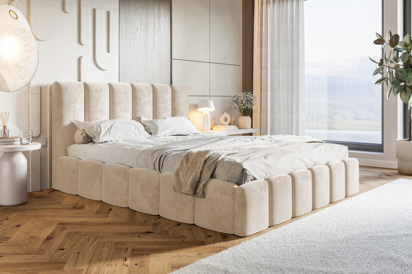 Čalúnená manželská posteľ s úložným priestorom SLIM 11 - béžová zamat | 160×200