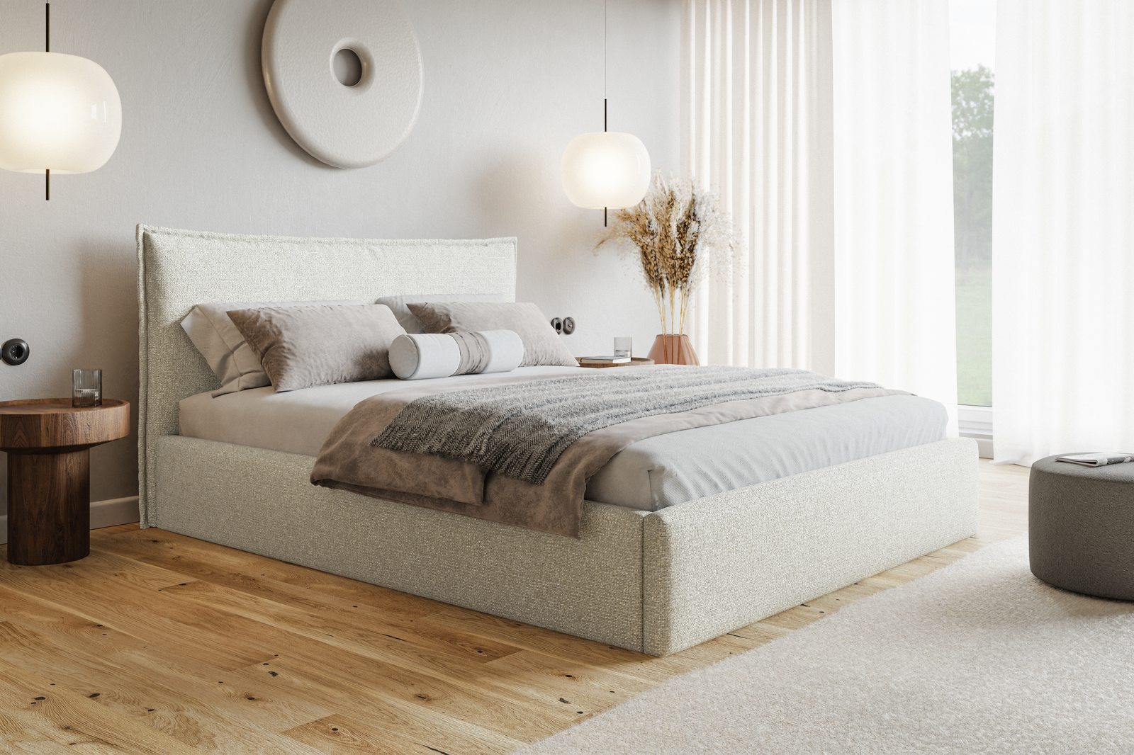 Čalúnená manželská posteľ s úložným priestorom SLIM 14 - svetlá krémová | 180×200