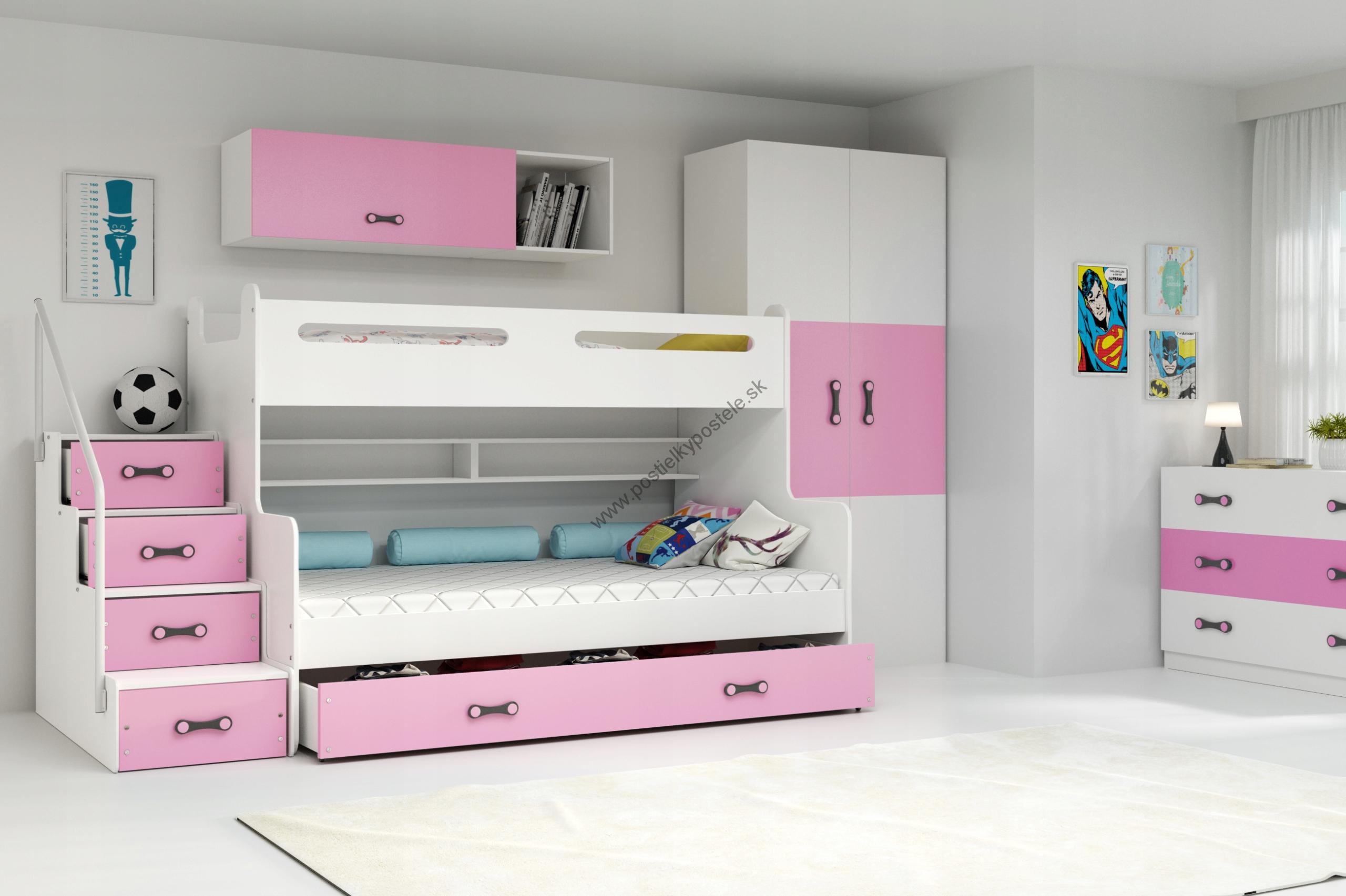 Poschodová posteľ MAX 3 rozšírená 200x120 biela - ružová