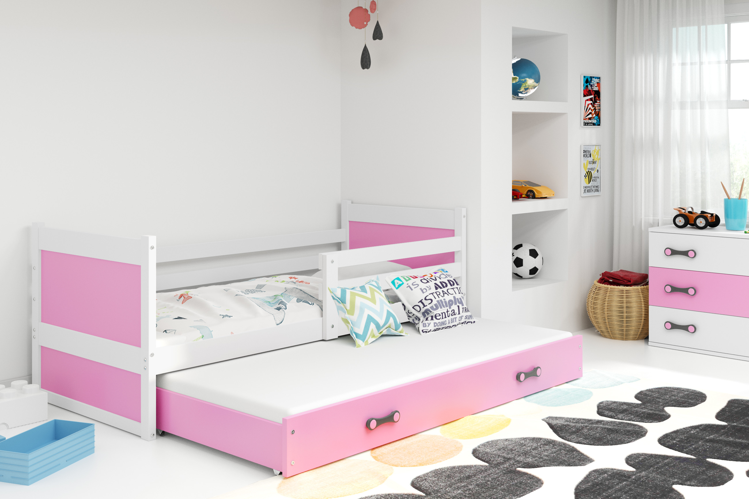 Posteľ s prístelkou RICO 2 200x90 Biela - Ružová