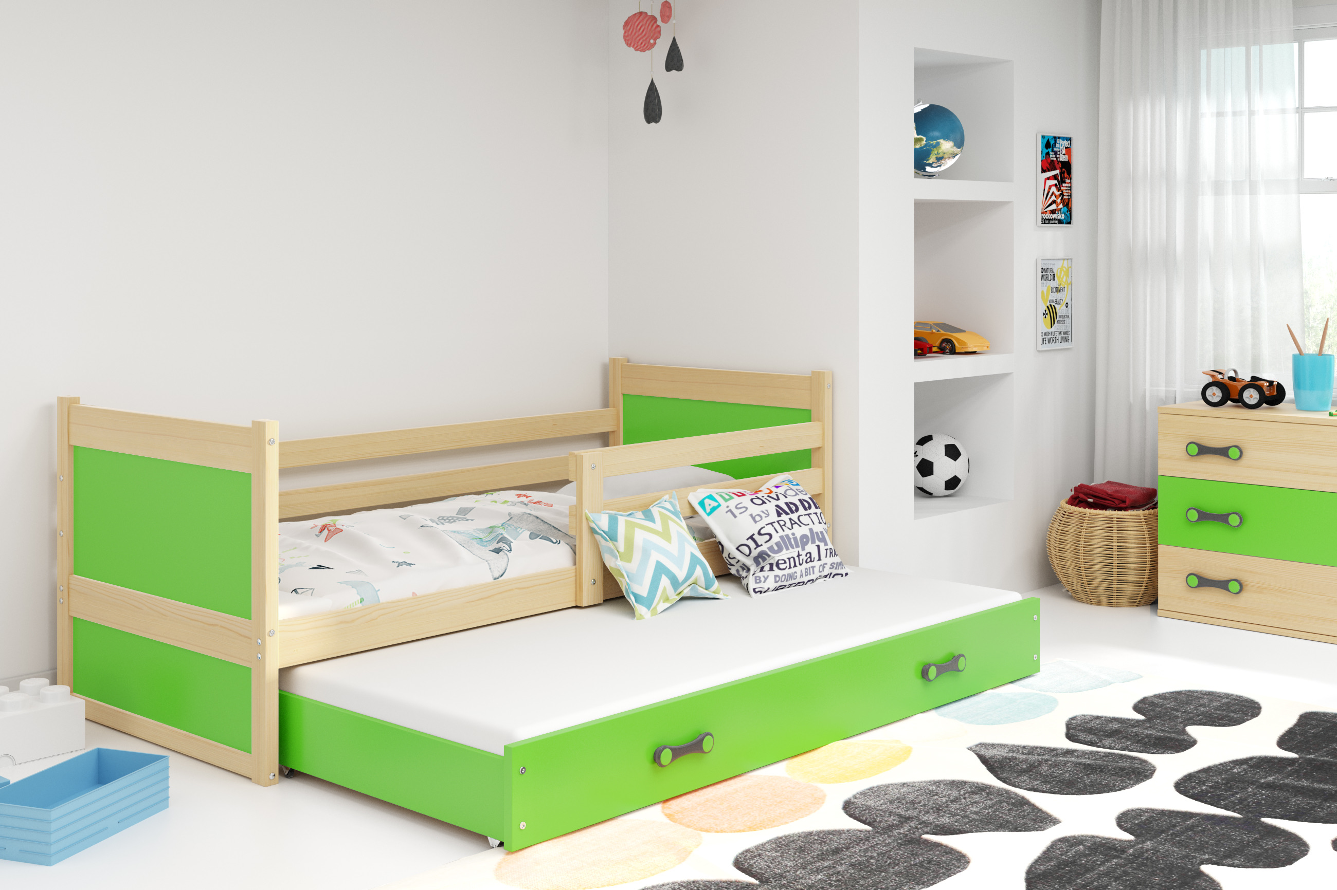 Posteľ s prístelkou RICO 2 200x90 Borovica - Zelená