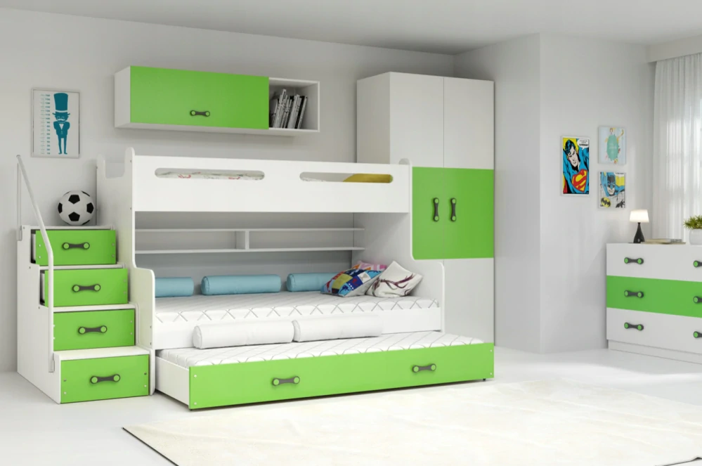 Poschodová posteľ s prístelkou MAX 3 rozšírená 200x120 biela - zelená
