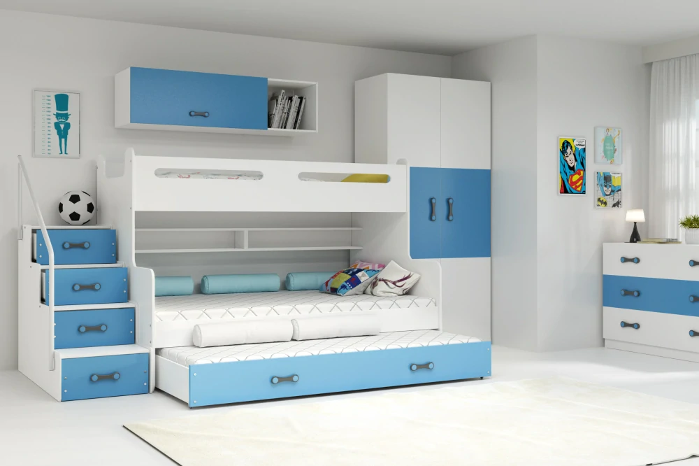 Poschodová posteľ s prístelkou MAX 3 rozšírená 200x120 biela - modrá