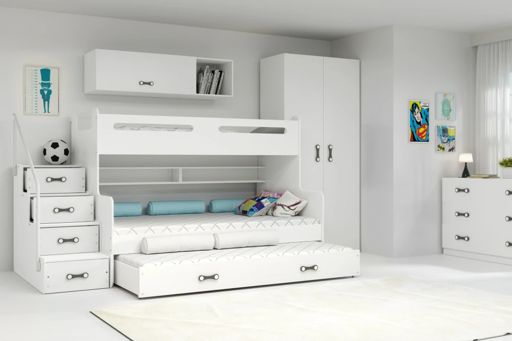 Poschodová posteľ s prístelkou MAX 3 rozšírená 200x120 biela - biela
