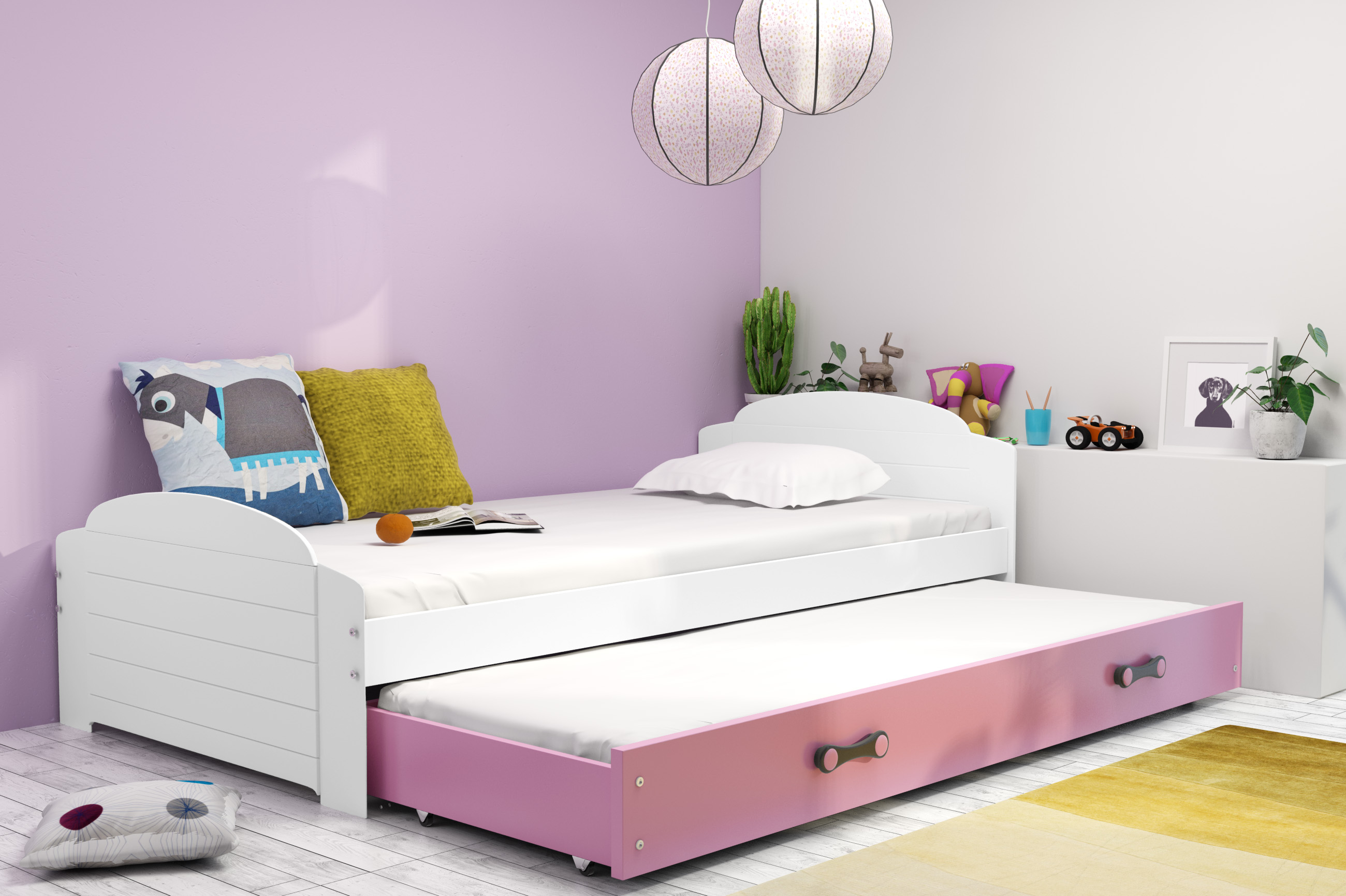 Posteľ s prístelkou LILI 200x90 Biela - Ružová