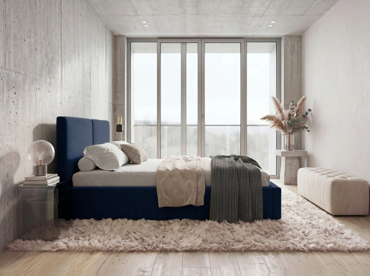 Čalúnená posteľ HILTON 160x200 modrá – bočný pohľad