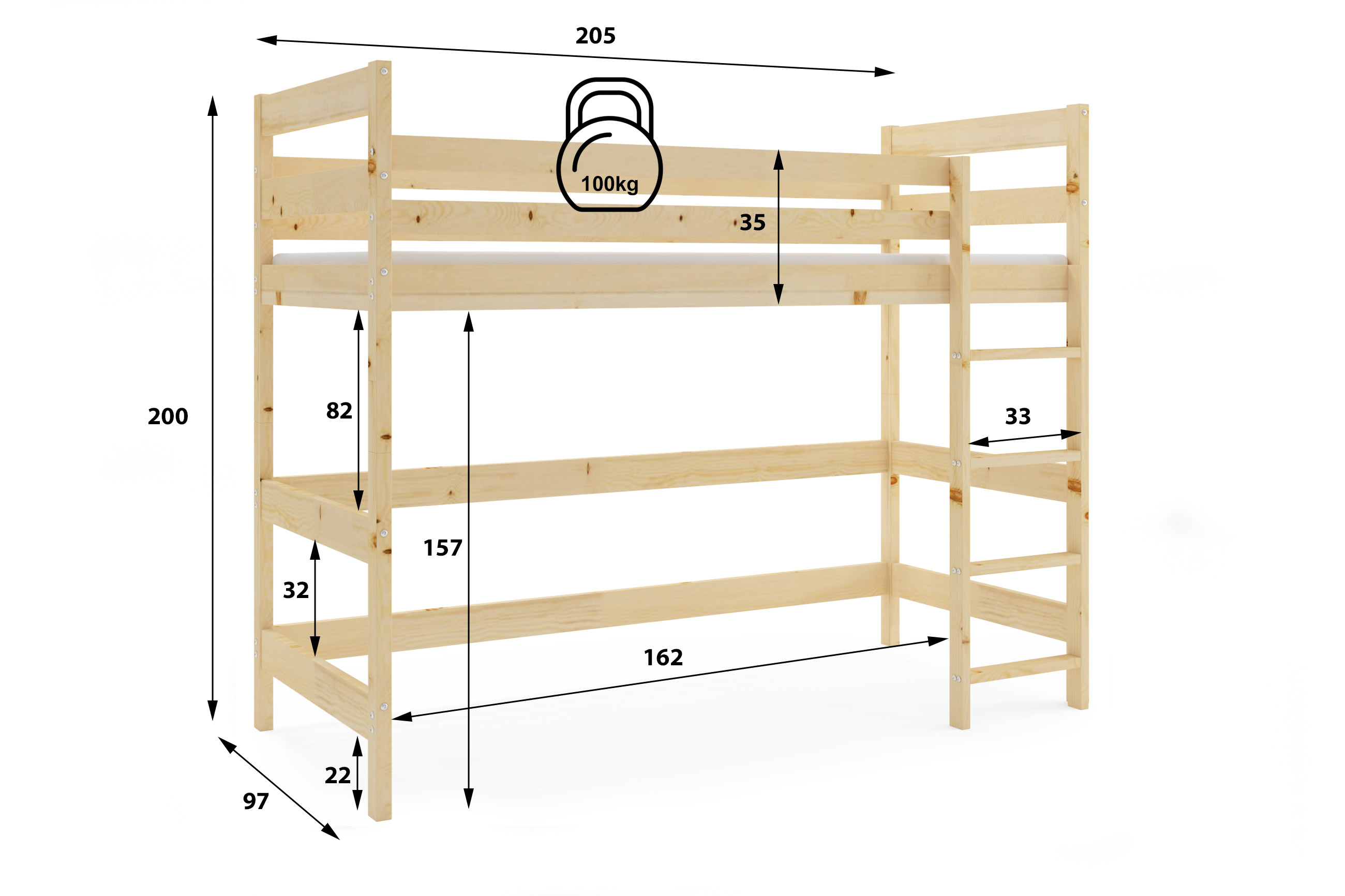 Vyvýšená posteľ z masívu ANTRESOLA 200×90 cm – borovica