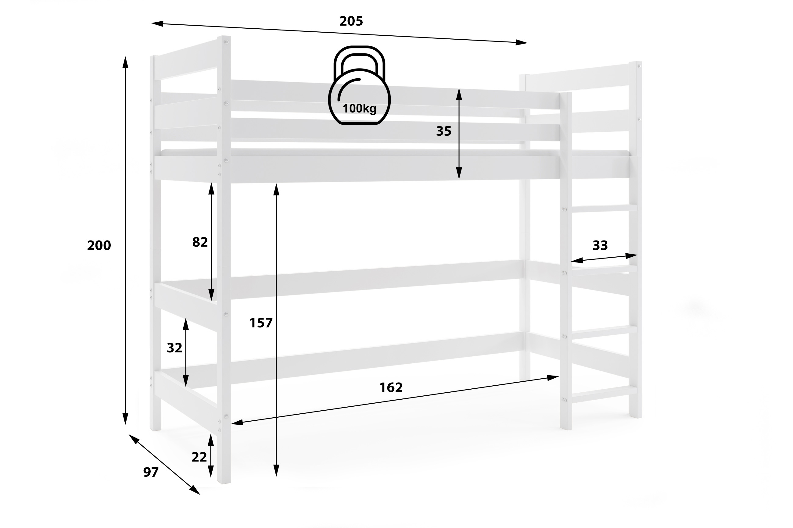 Vyvýšená posteľ z masívu ANTRESOLA 200×90 cm – biela