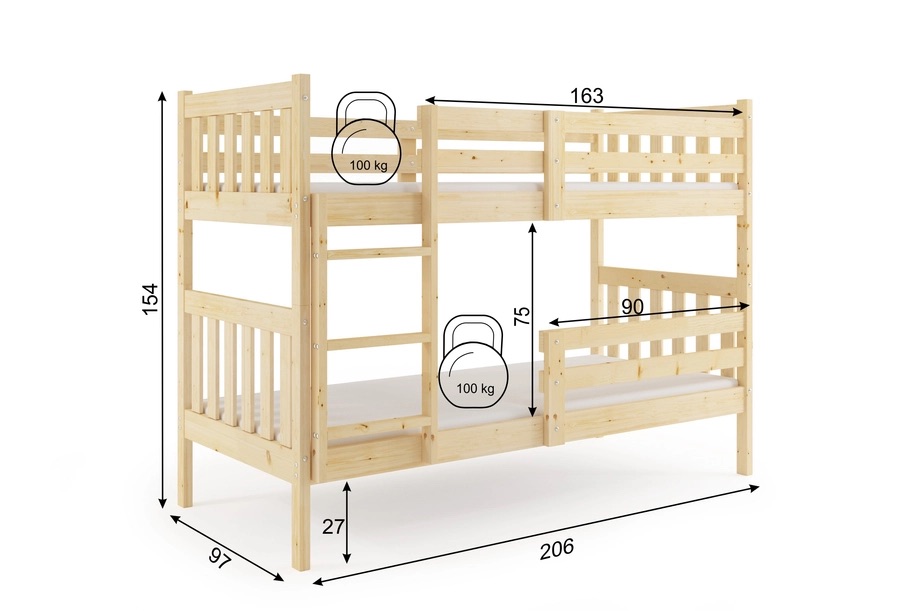 Poschodová posteľ s matracmi NATURAL 200x90 borovica
