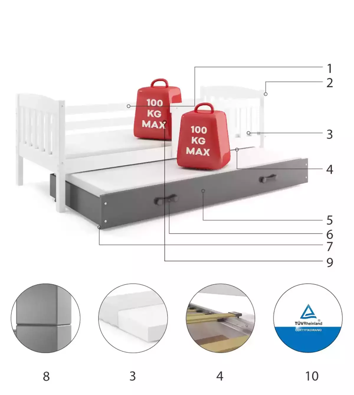 Posteľ s prístelkou KUBO 2 190x90 biela - grafit