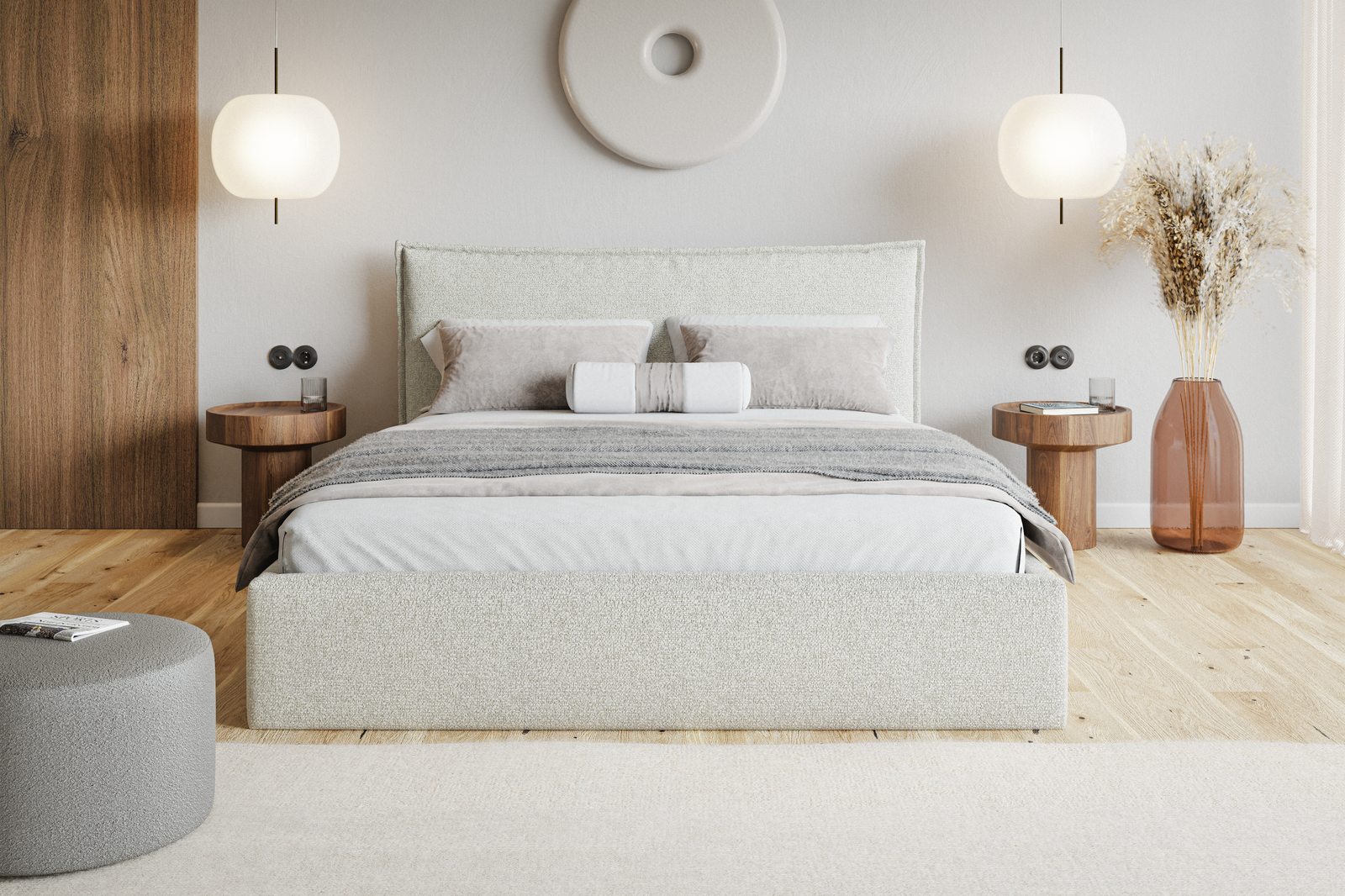 Čalúnená manželská posteľ s úložným priestorom SLIM 14 - svetlá krémová | 180×200