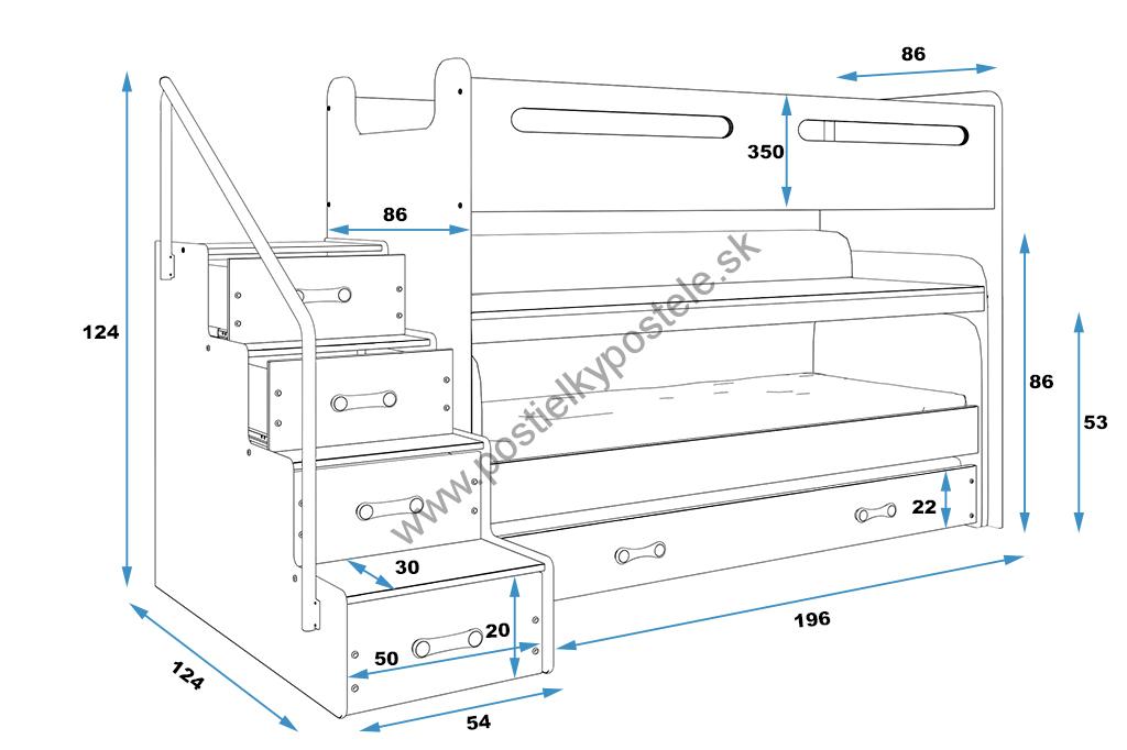 Multifunkčná poschodová posteľ MAX 1 - 200x80cm - Biely - Modrý