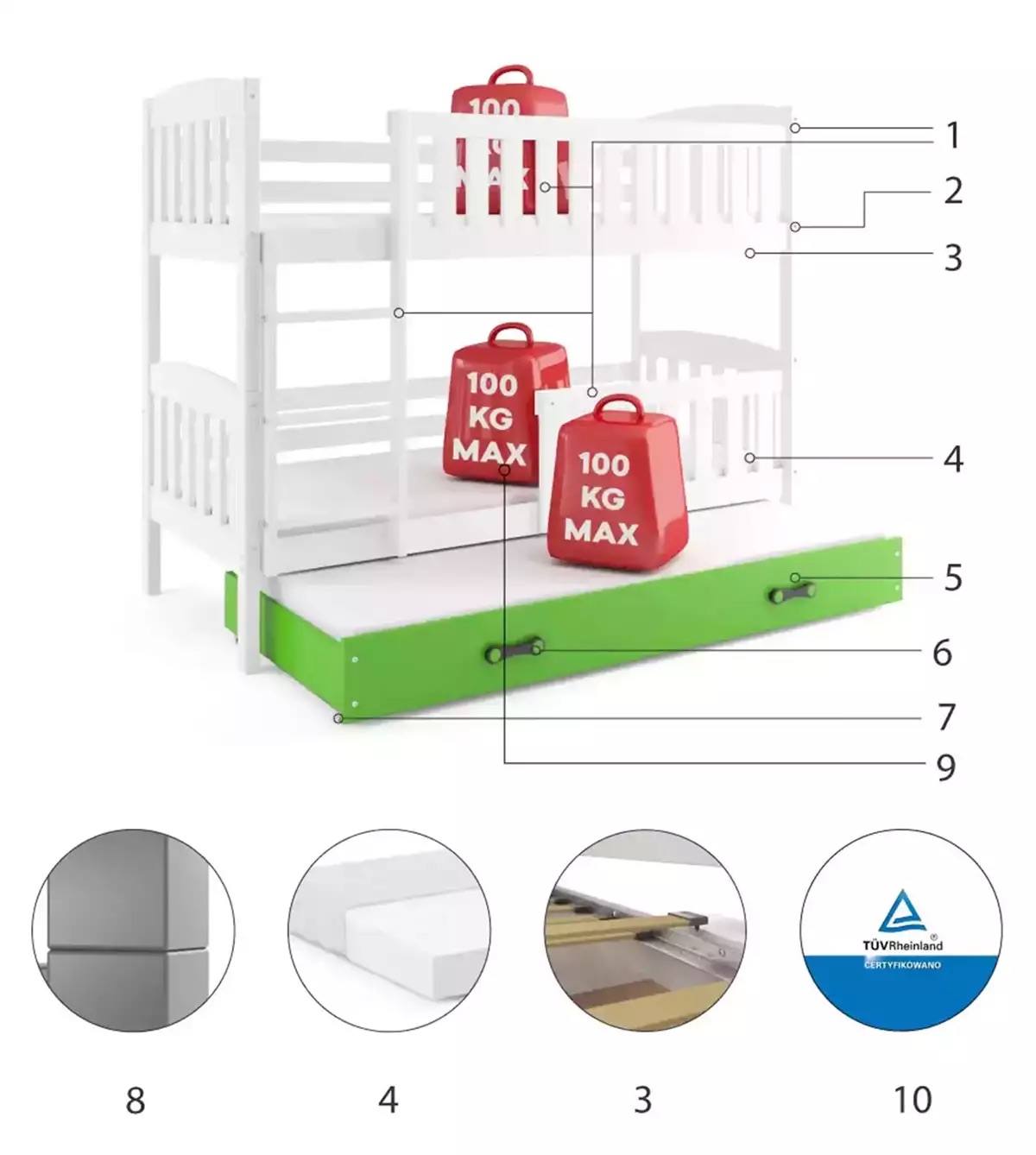 Poschodová posteľ s prístelkou KUBO 3 190x90 | Biela - Zelená