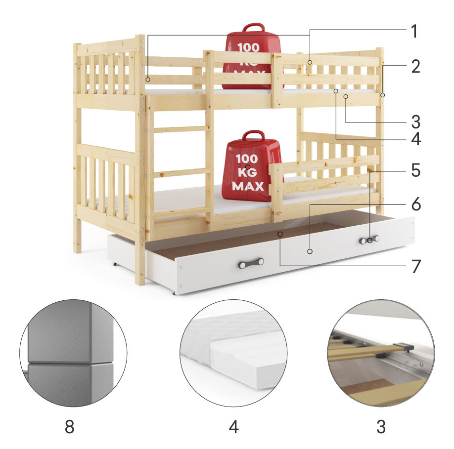 Poschodová posteľ so zásuvkou a matracmi NATURAL 200x90 borovica - biela