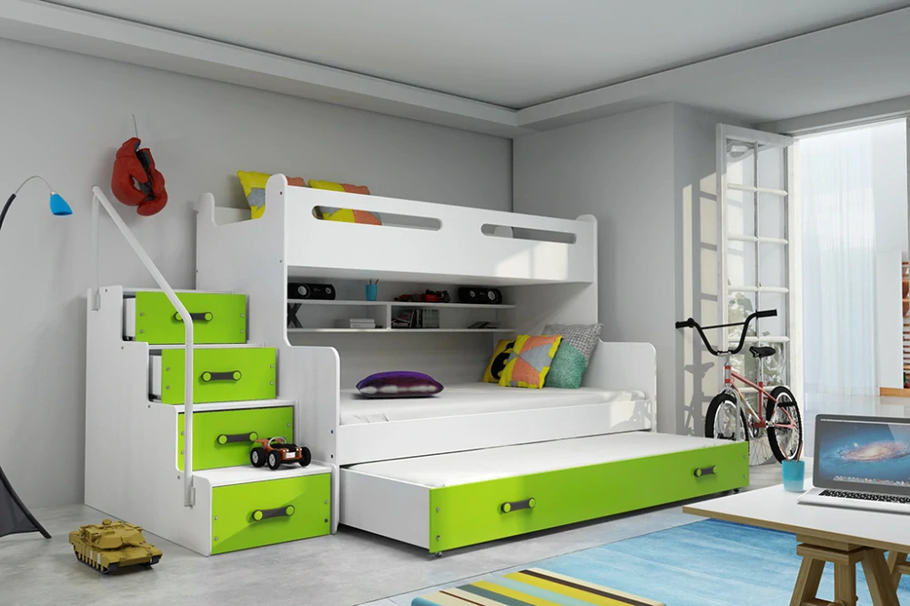 Poschodová posteľ s prístelkou MAX 3 rozšírená 200x120 biela - zelená