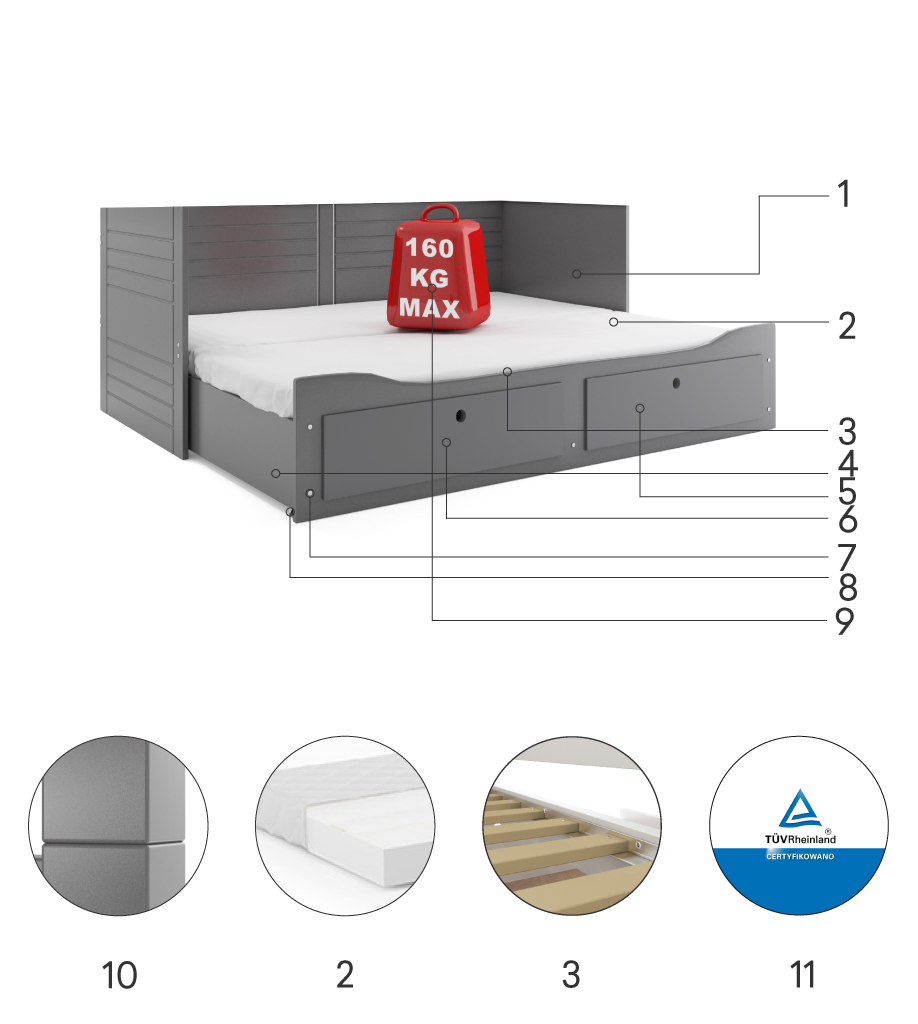 Rozkladacia posteľ HERMES 2 200x80 grafit