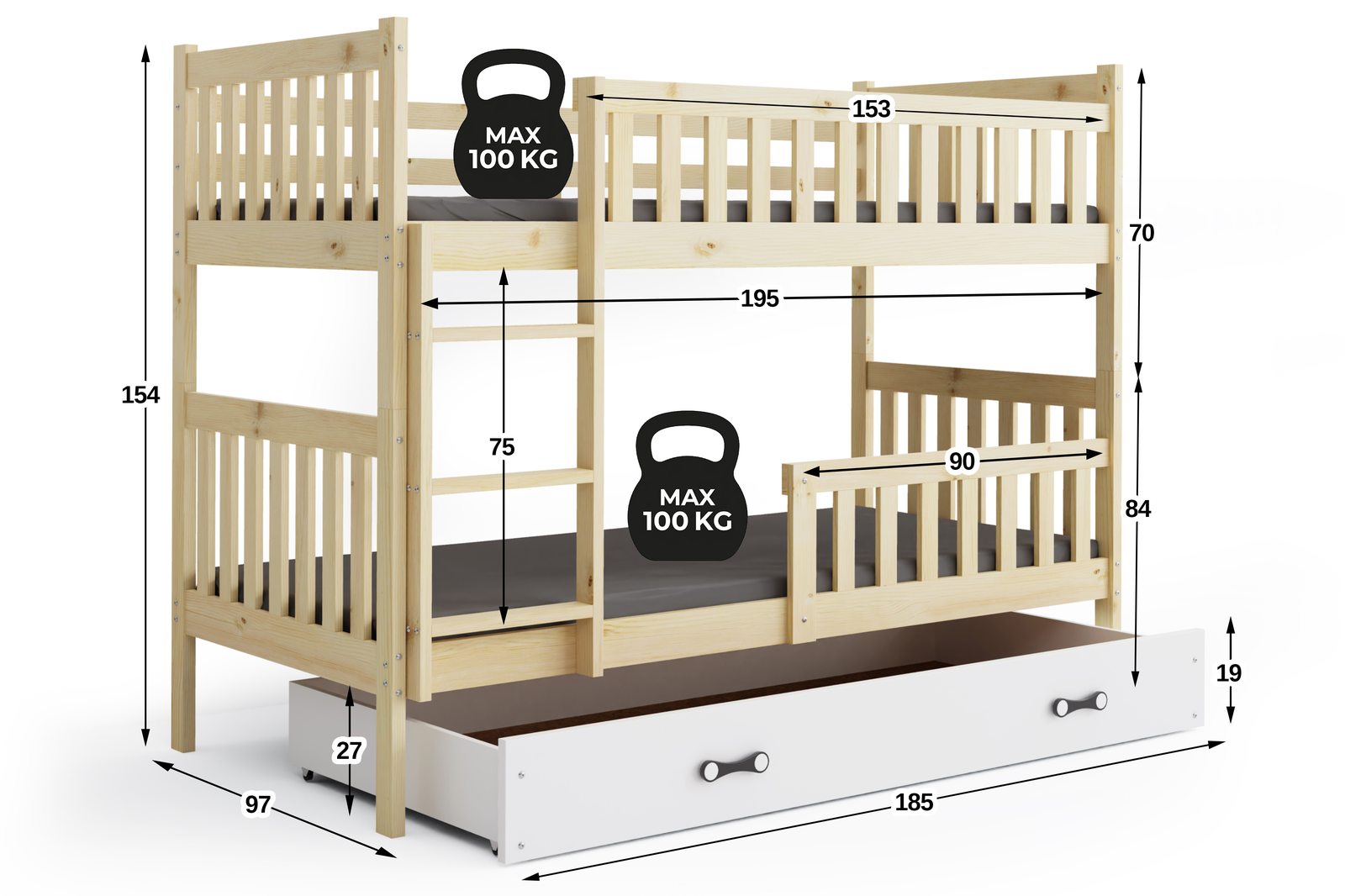 Poschodová posteľ KUBO 190x90 | borovica - biela