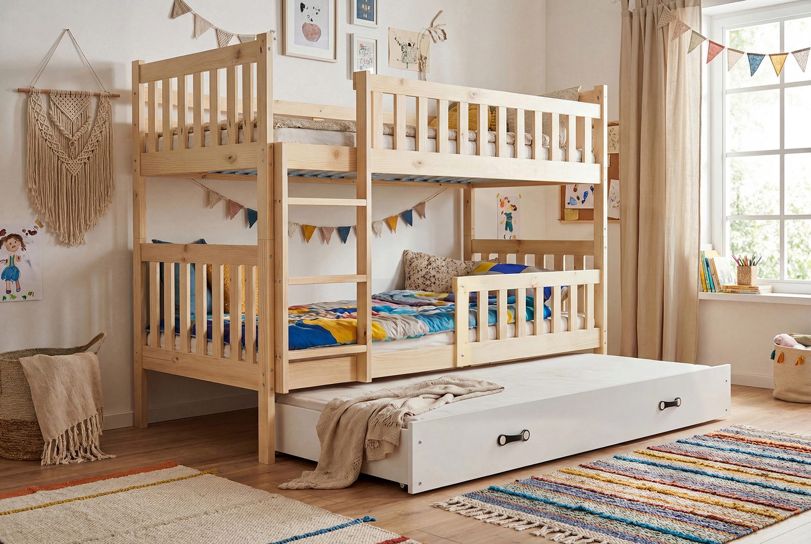 Poschodová posteľ s prístelkou KUBO 3 190x90 | Borovica - Biela