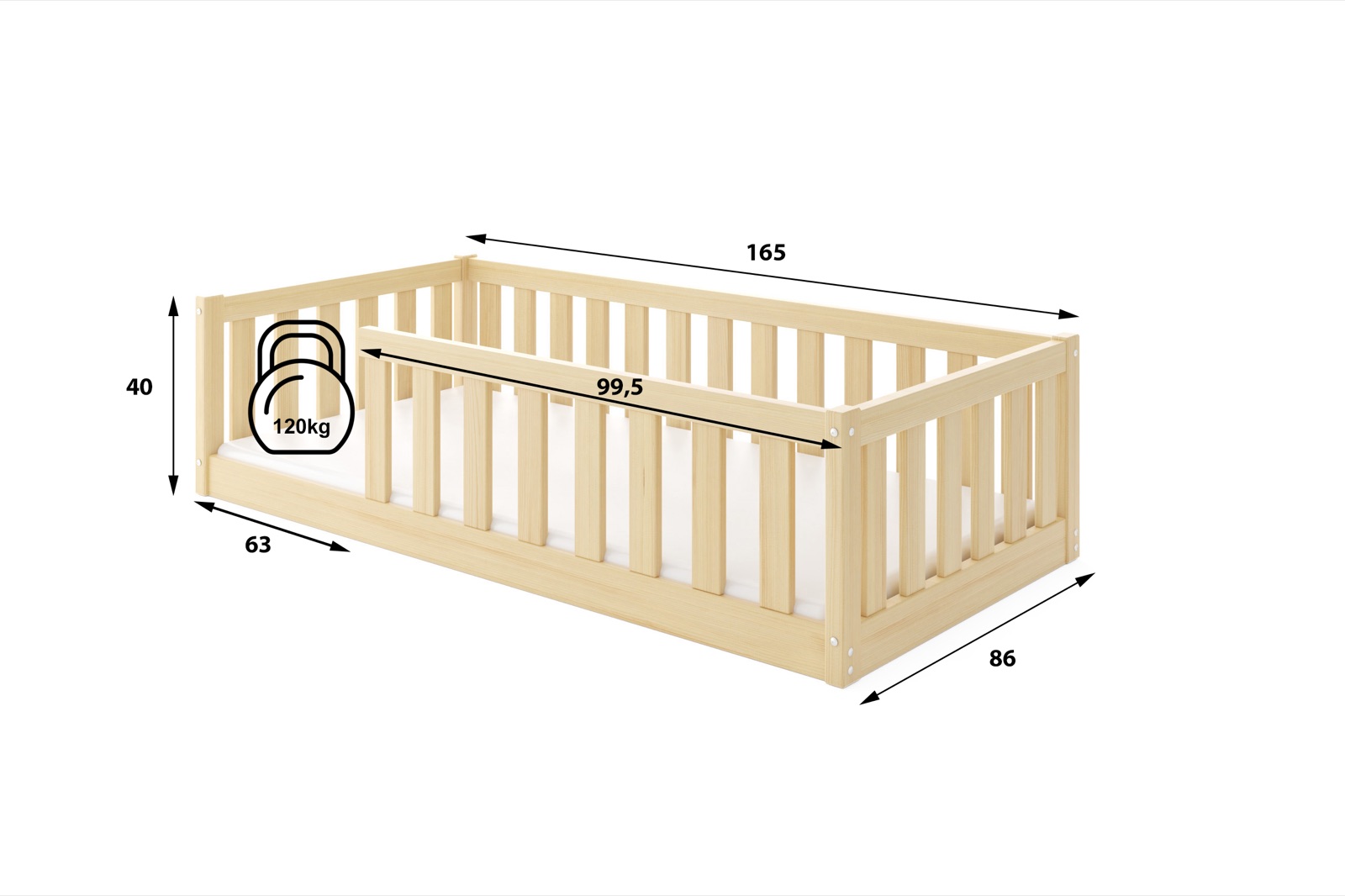 Detská posteľ BELLA SIMA 160x80 Montessori z masívu – prírodná borovica