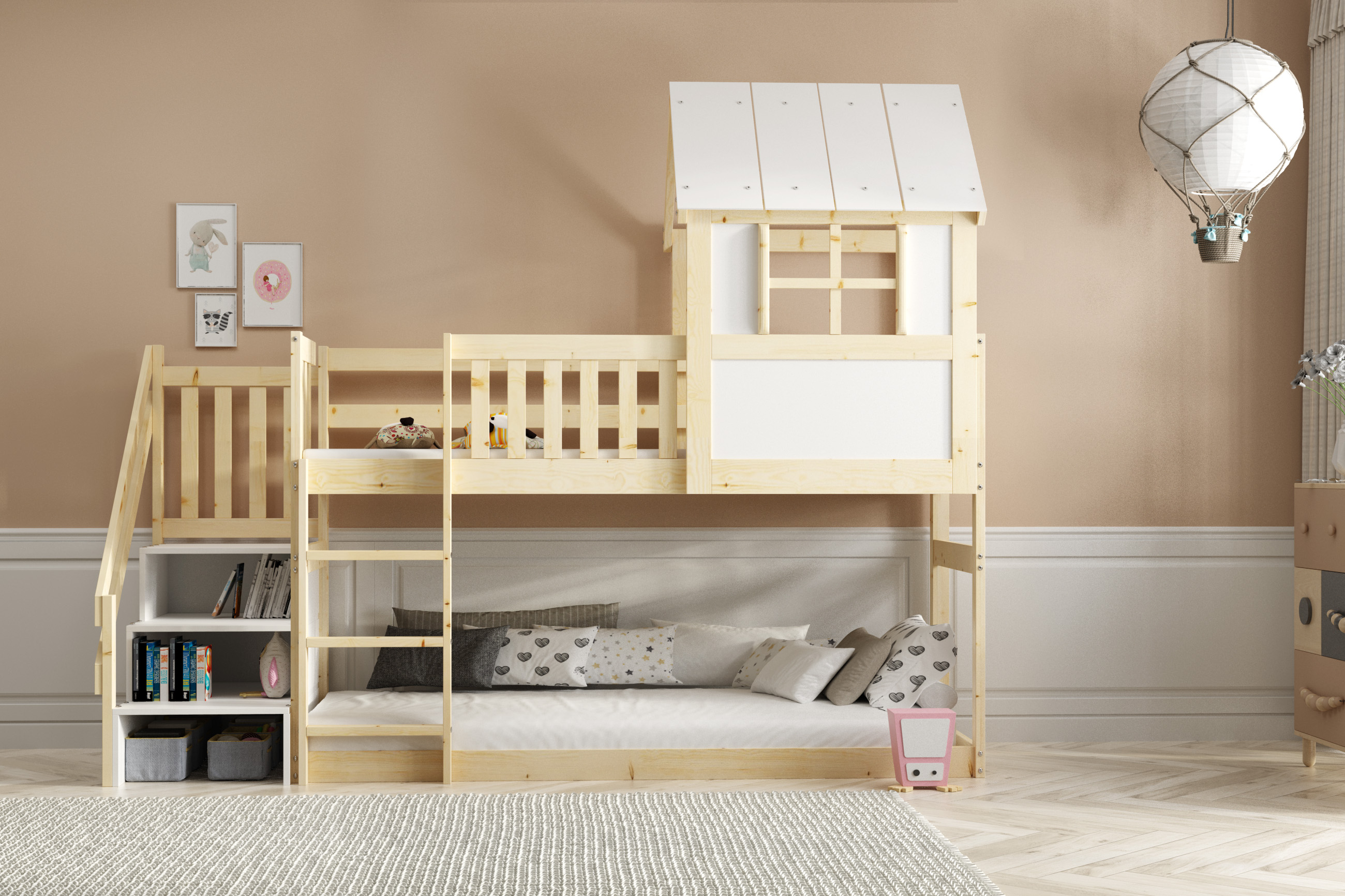 Posteľ ANTRESOLA 200×90 cm so schodíkmi a strieškou – borovica