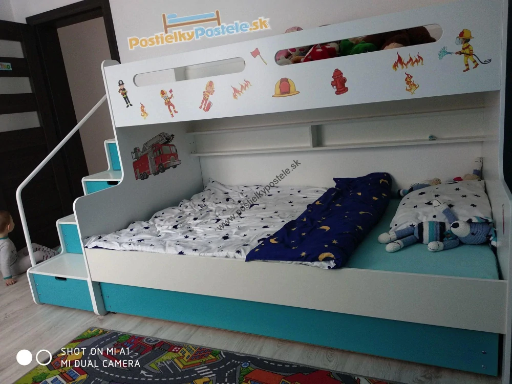 Poschodová posteľ s prístelkou MAX 3 rozšírená 200x120 biela - modrá