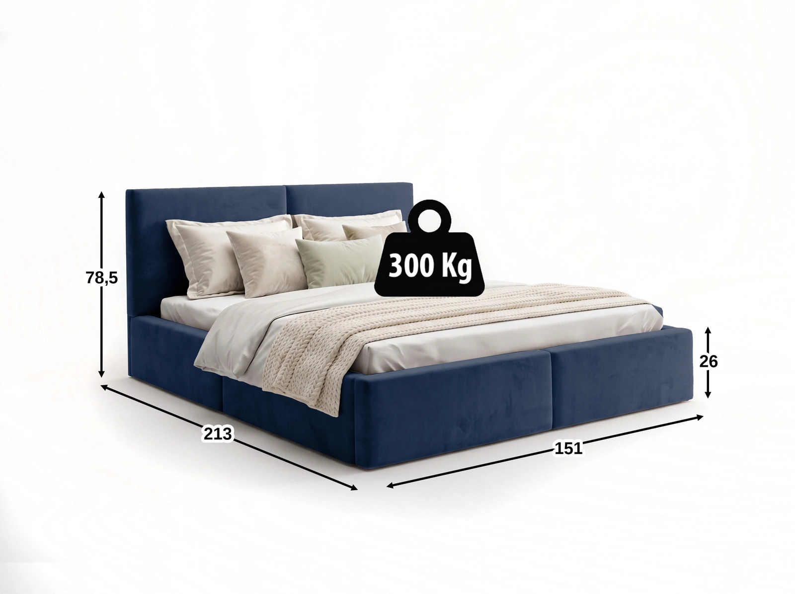 Rozmery postele HILTON 140x200 modrá: šírka 151 cm, dĺžka 213 cm, výška čela 78,5 cm, nosnosť 300 kg