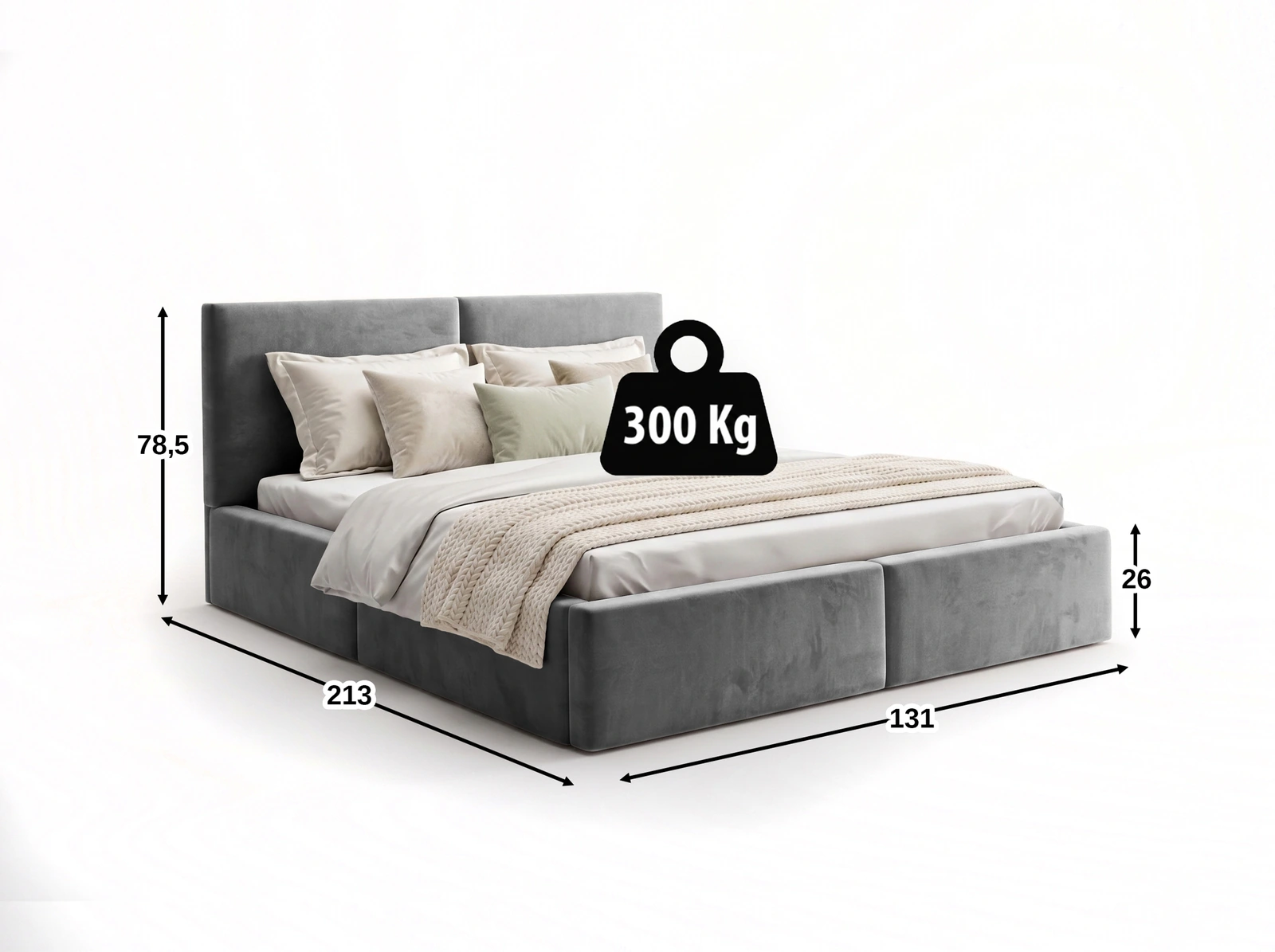 Rozmery postele HILTON 120x200: šírka 131 cm, dĺžka 213 cm, výška čela 78,5 cm a nosnosť 300 kg