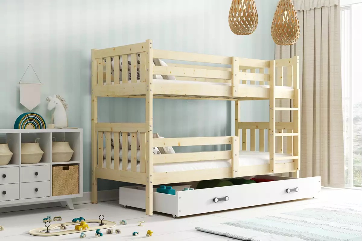 Poschodová posteľ so zásuvkou a matracmi NATURAL 200x90 borovica - biela