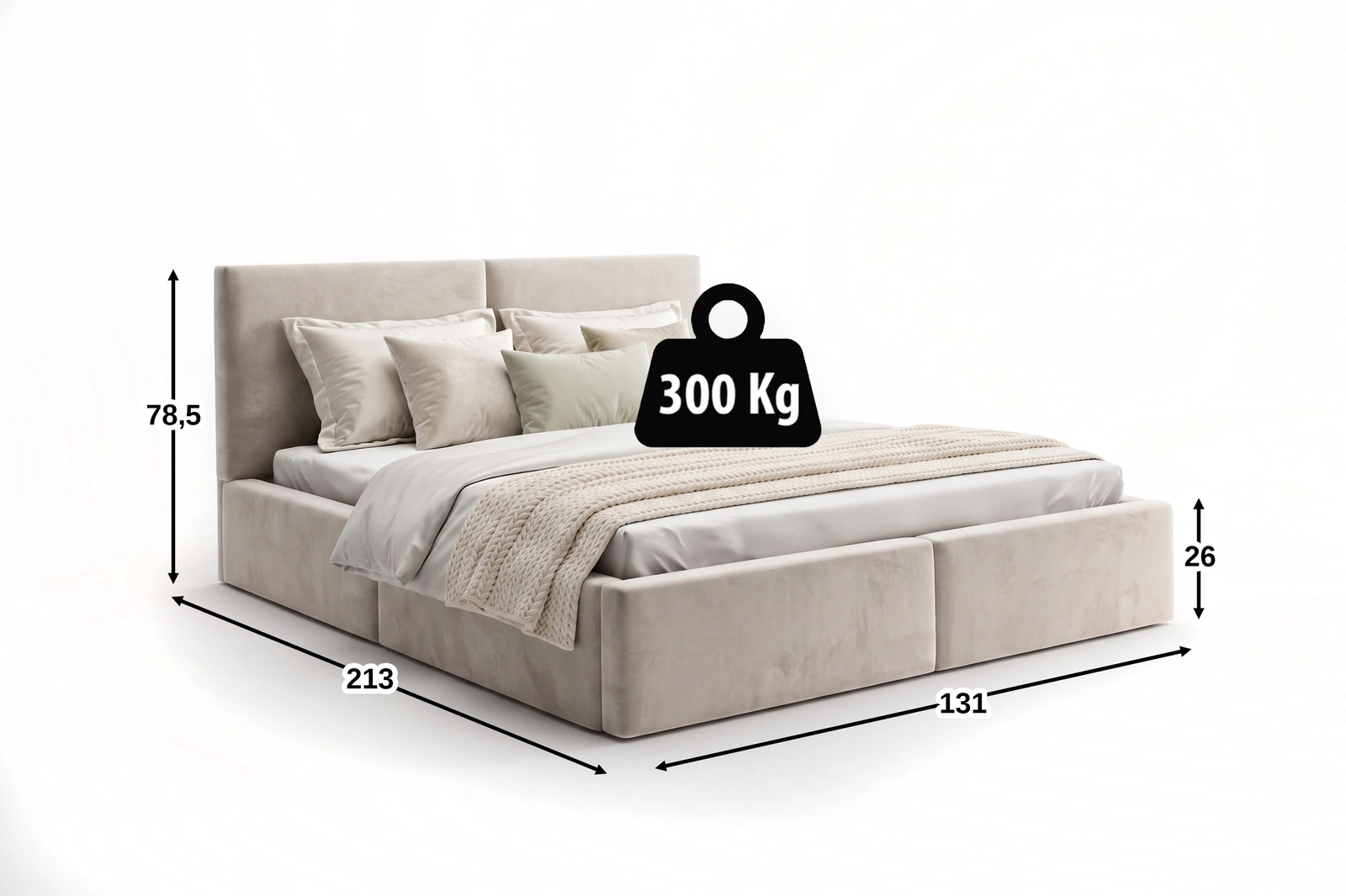 Rozmery postele HILTON 120x200 kašmírová: šírka 131 cm, dĺžka 213 cm, výška čela 78,5 cm, nosnosť 300 kg