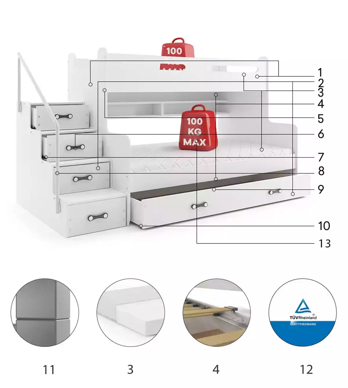 Poschodová posteľ MAX 3 rozšírená 200x120 biela - biela