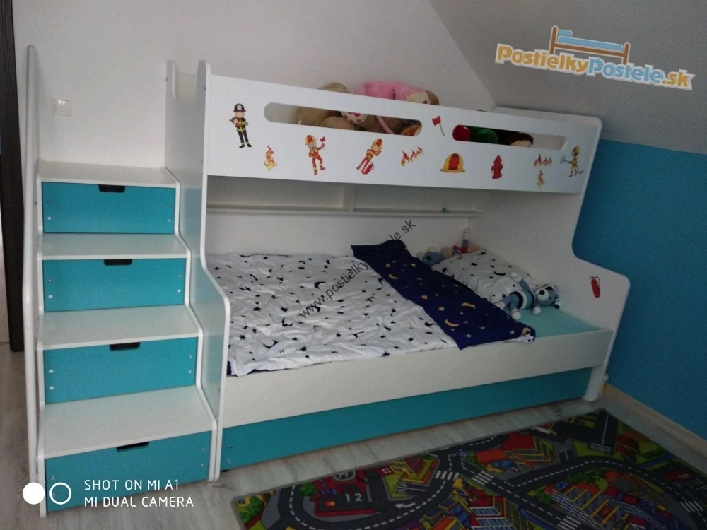 Poschodová posteľ s prístelkou MAX 3 rozšírená 200x120 biela - modrá