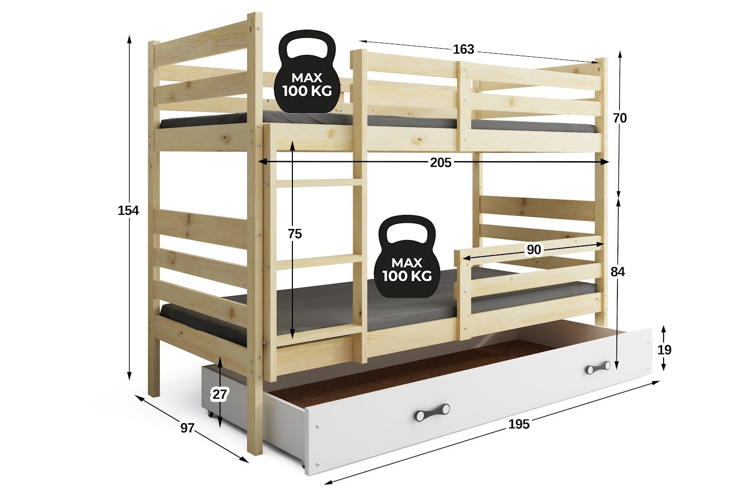 ERIK Natural 200x90 s bielou zásuvkou - rozmery 205x97x154 cm a nosnosť 100 kg na každé lôžko