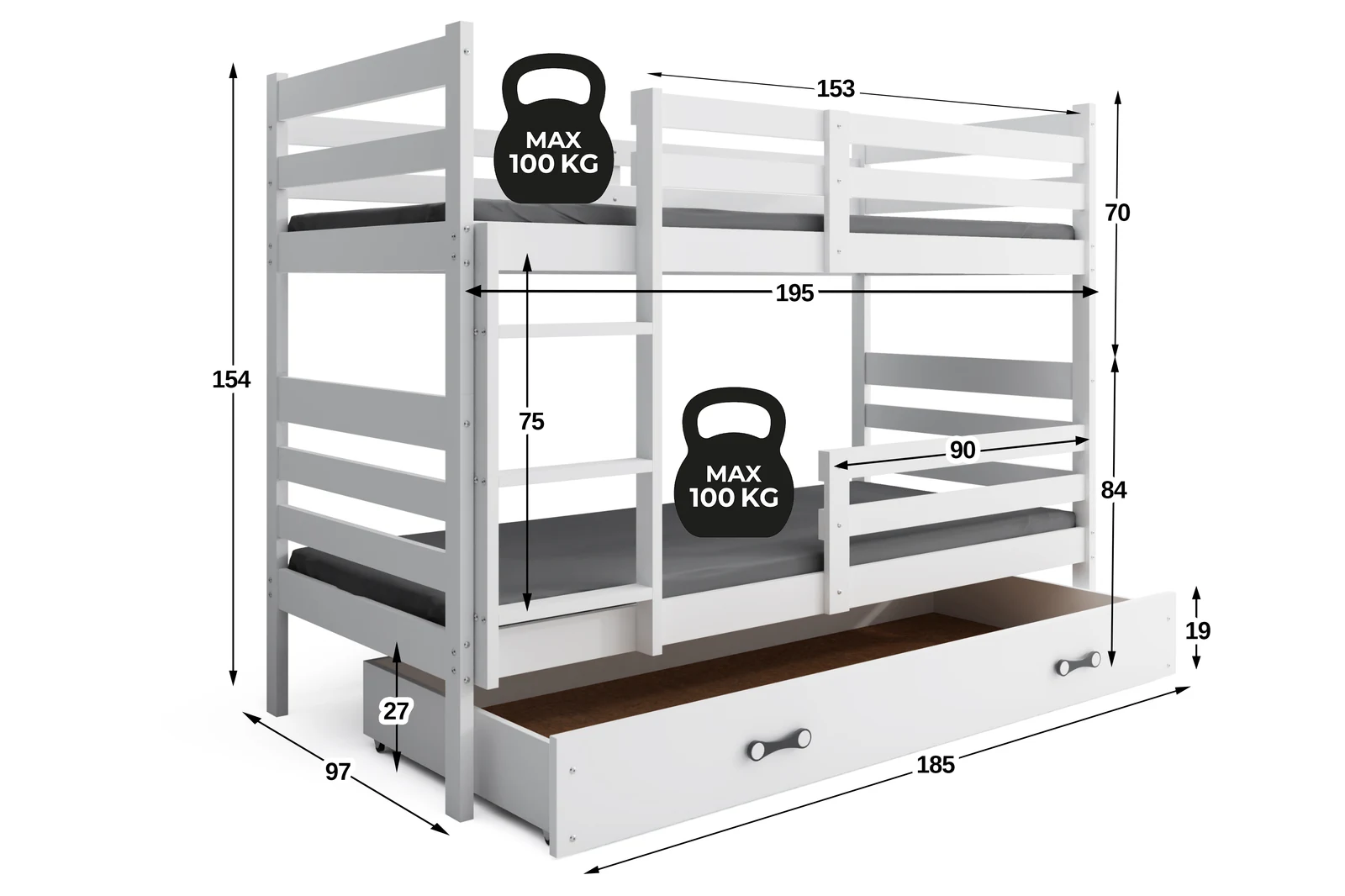 Biela ERIK 190x90 so zásuvkou - vonkajšie rozmery 195x97x154 cm a nosnosť 100 kg na lôžko
