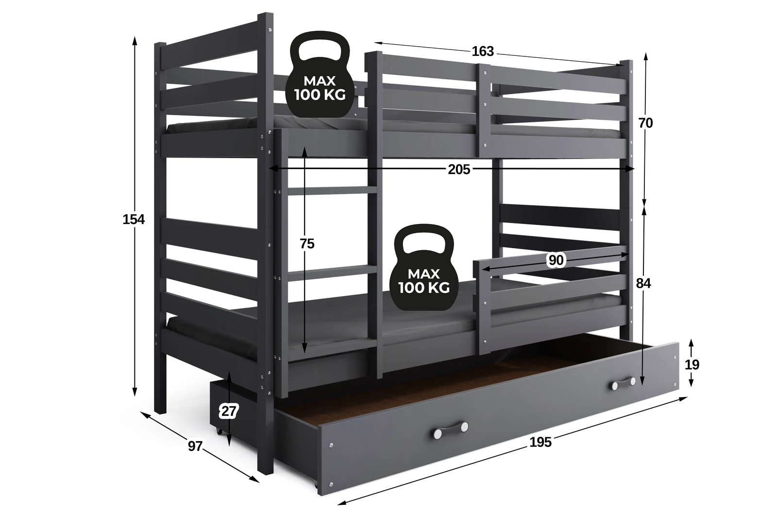 Grafitová ERIK 200x90 so zásuvkou: rozmery 205x97x154 cm, nosnosť 100 kg na lôžko