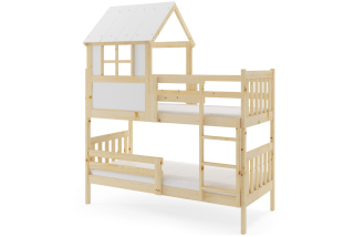 Poschodová posteľ s matracmi NATURAL 190×90 borovica + domčeková strieška
