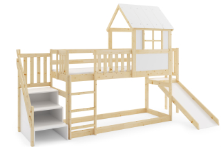 Posteľ ANTRESOLA 200×90 cm so šmykľavkou, schodíkmi a strieškou – borovica