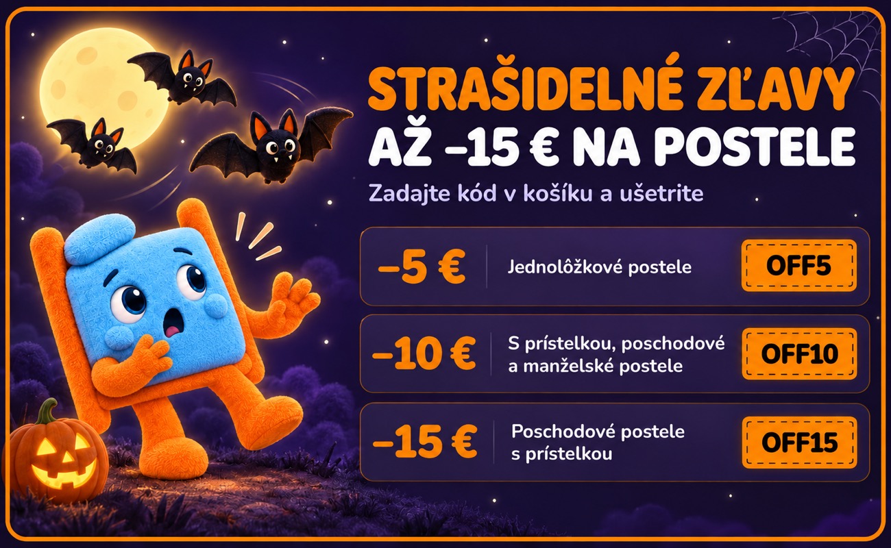 Halloweenske zľavy na postele: 5 € s kódom OFF5 na jednolôžkové postele, 10 € s OFF10 na postele s prístelkou, poschodové a manželské postele, 15 € s OFF15 na poschodové postele s prístelkou.